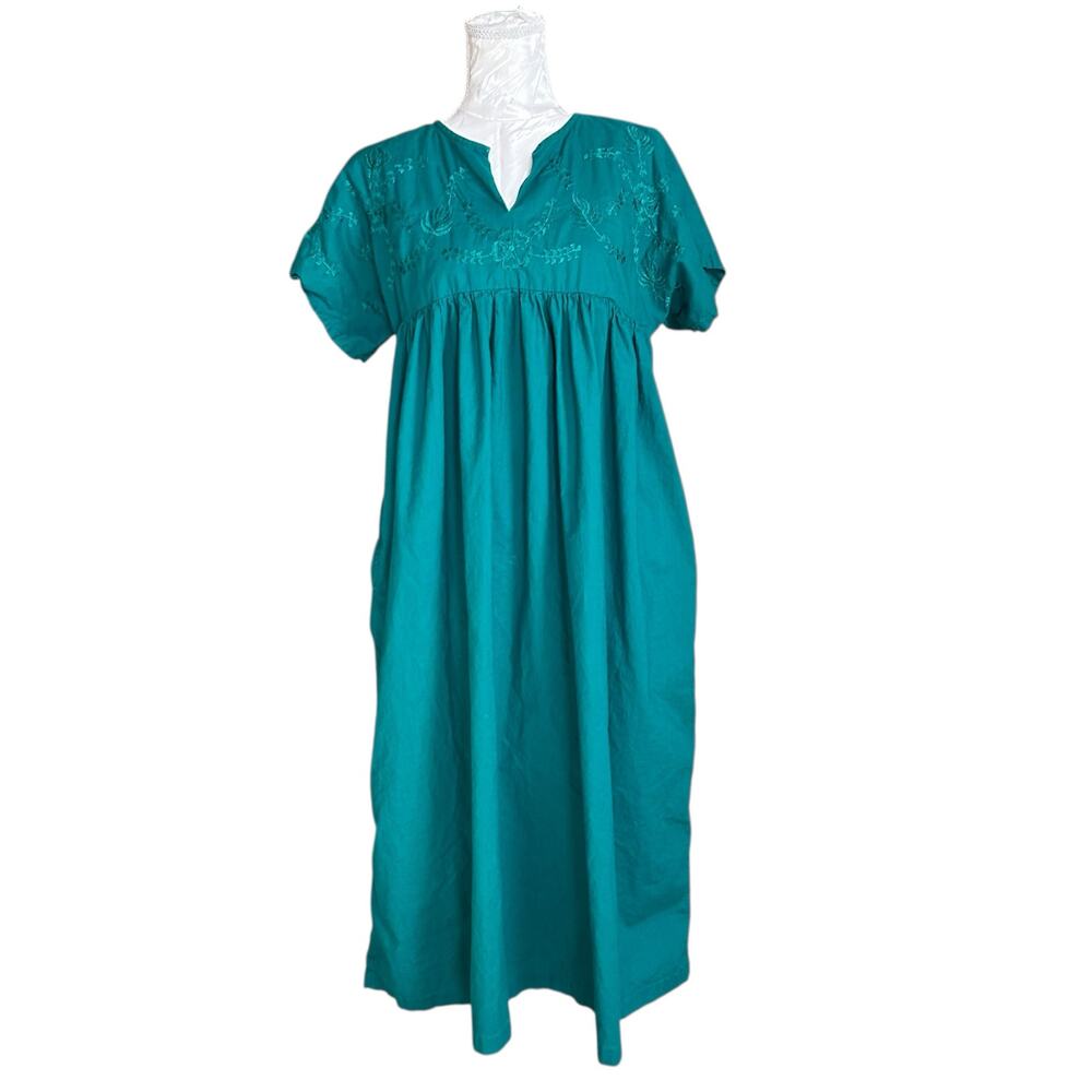 Naqui New York Vintage 80s Teal Cotton Embroidered Dress Large